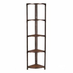 WOODEN CORNER RACK OF SHELVES WITH IRON BASE