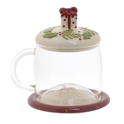 SET CERAMIC/GLASS CUP W/SAUCER AND LID ‘SANTA’
